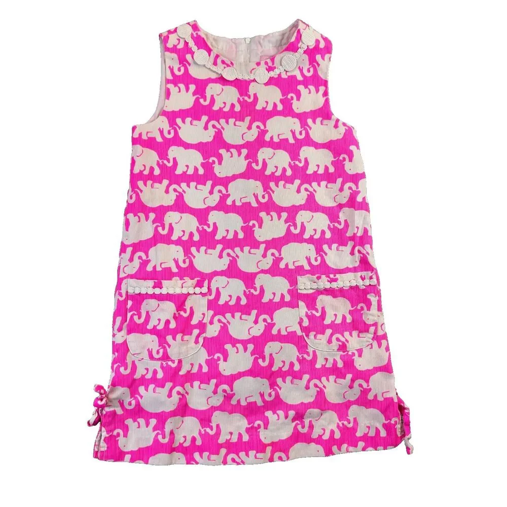 Lilly Pulitzer Dress Girls 8 Pink Tusk in Sun Elephant Lace Shift Hem Bow Preppy